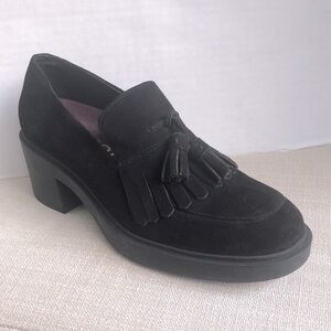 Aerosoles Gibes Black suede Platform Tassel Fringe Heeled Loafers Size 8.5